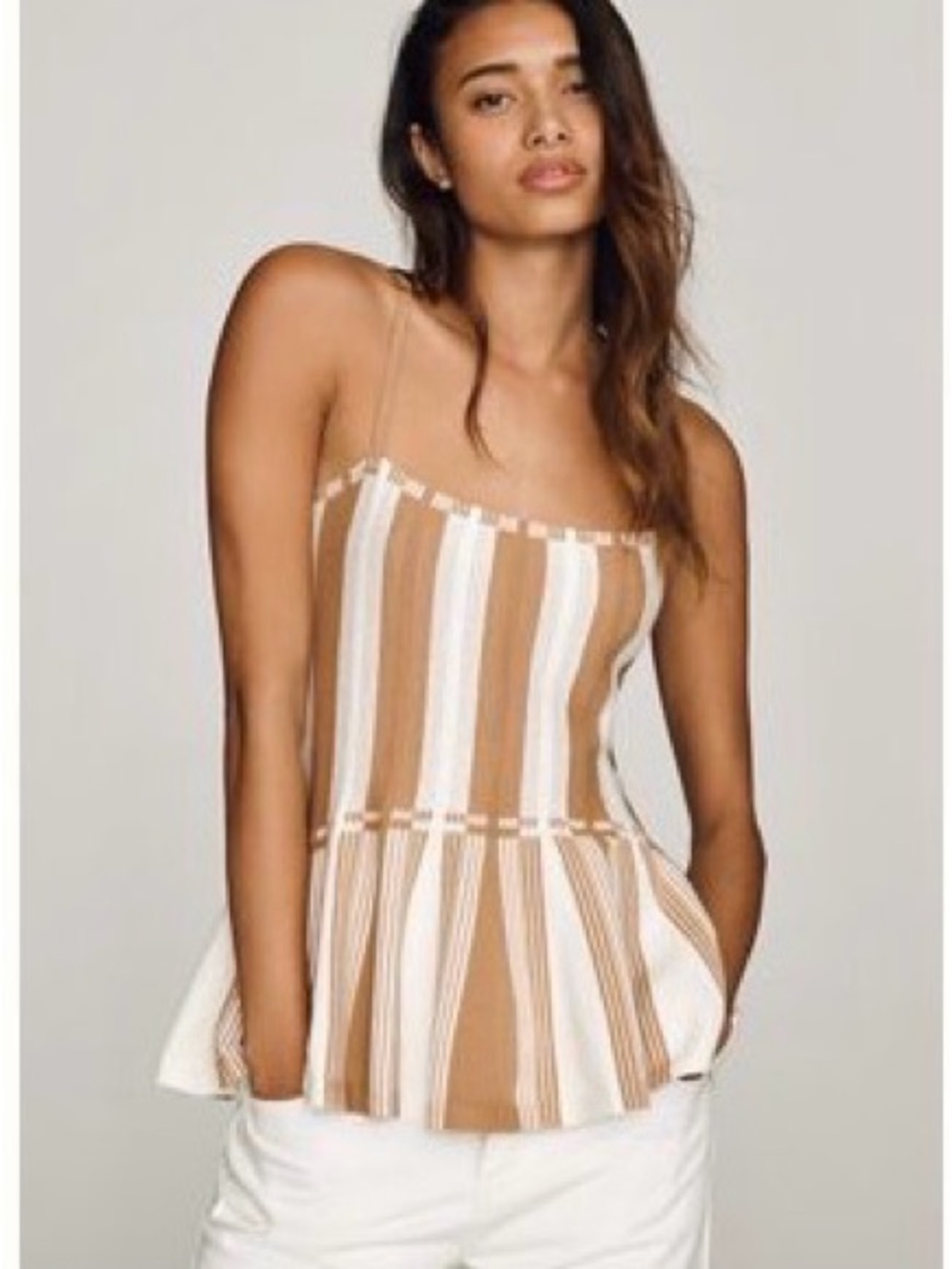 Maeve Beige & White Striped Peplum Tank Top